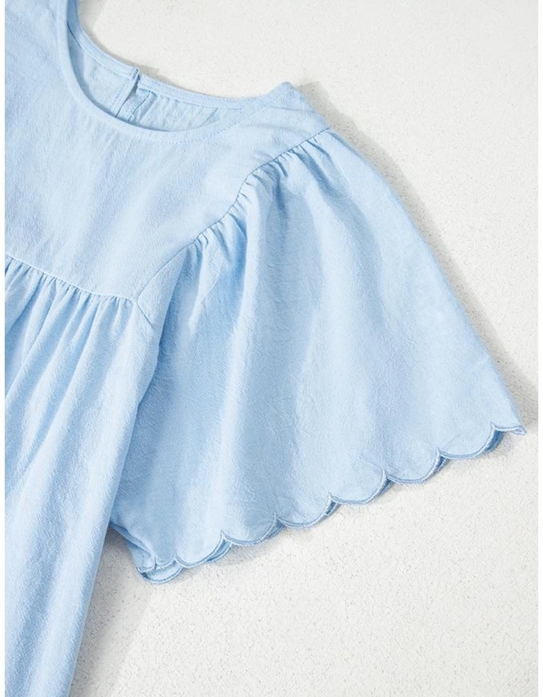Beau Blue Solid Color Embroidered Scalloped Sleeves Crew Neck Blouse