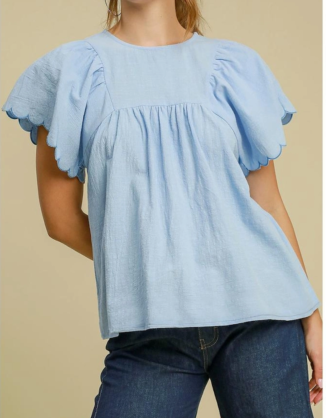 Beau Blue Solid Color Embroidered Scalloped Sleeves Crew Neck Blouse