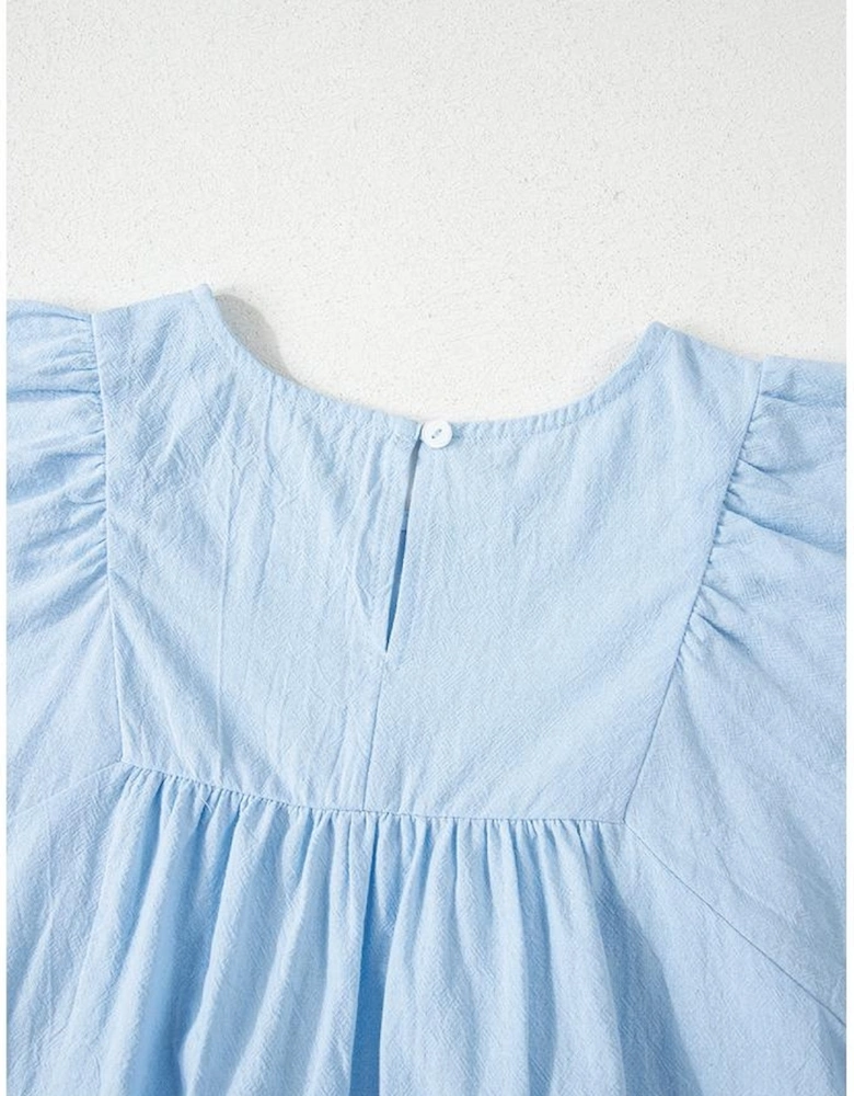 Beau Blue Solid Color Embroidered Scalloped Sleeves Crew Neck Blouse