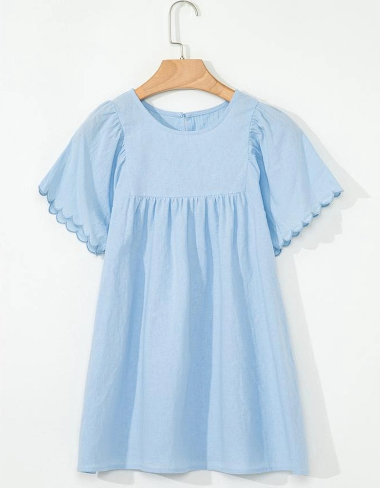 Beau Blue Solid Color Embroidered Scalloped Sleeves Crew Neck Blouse