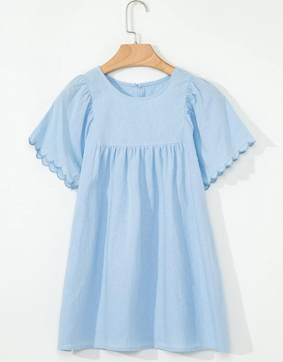 Beau Blue Solid Color Embroidered Scalloped Sleeves Crew Neck Blouse