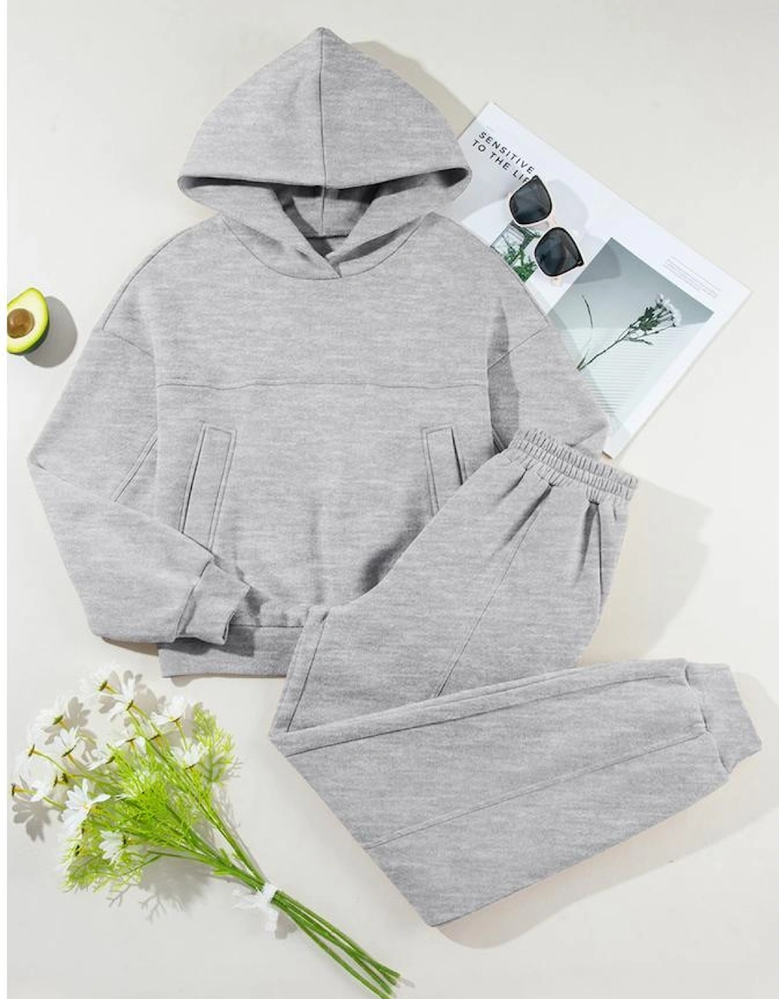 Gray Solid Exposed Seams Hoodie and Joggers Activewear Set
