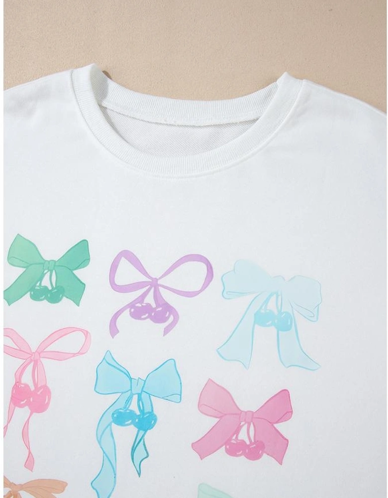 White Bowknot Pattern Drop Shoulder Loose Sweatshirt