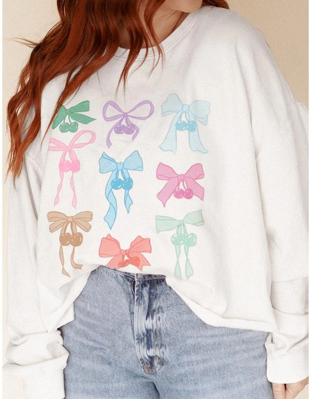 White Bowknot Pattern Drop Shoulder Loose Sweatshirt