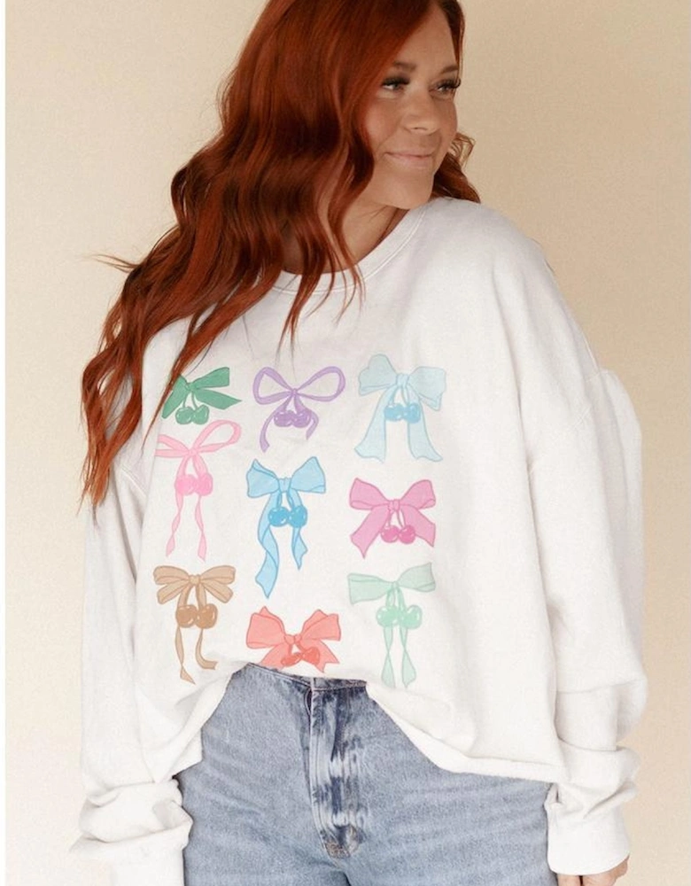 White Bowknot Pattern Drop Shoulder Loose Sweatshirt