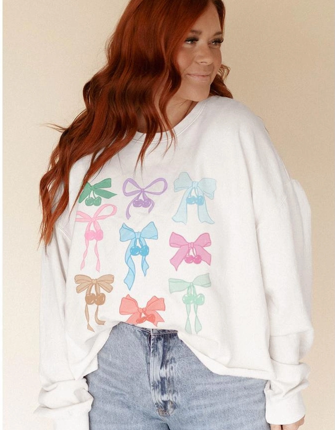 White Bowknot Pattern Drop Shoulder Loose Sweatshirt
