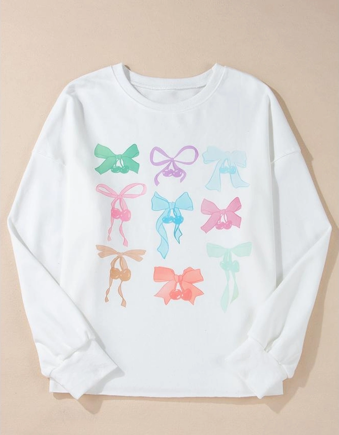 White Bowknot Pattern Drop Shoulder Loose Sweatshirt