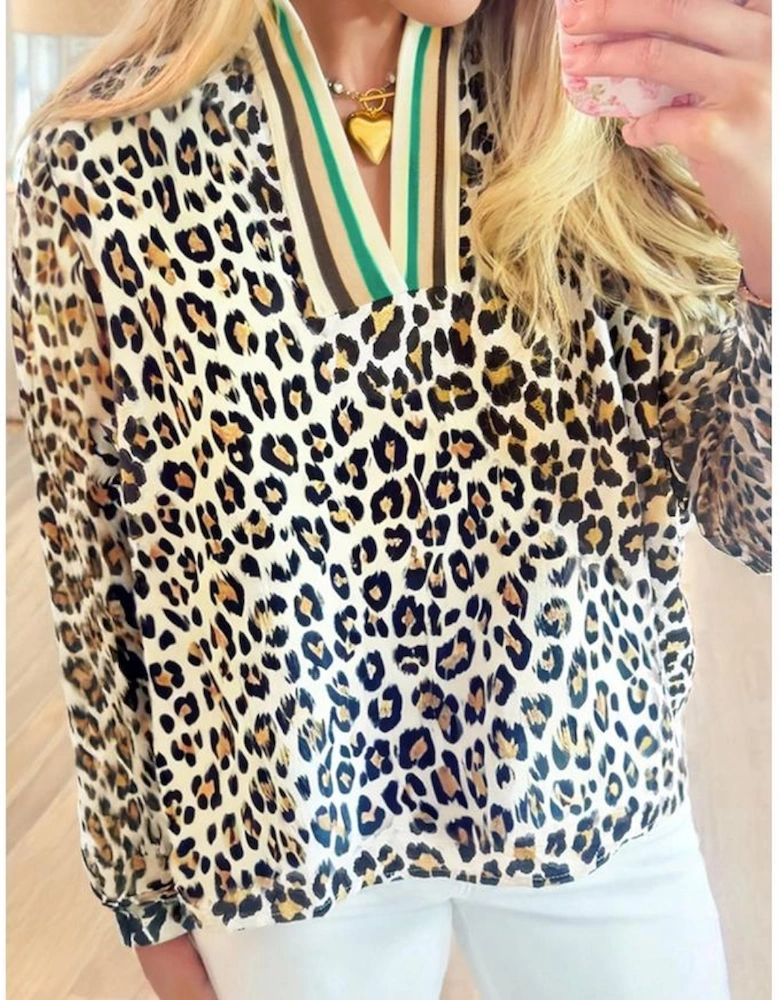 Khaki Leopard Print Contrast Striped V Neck Blouse