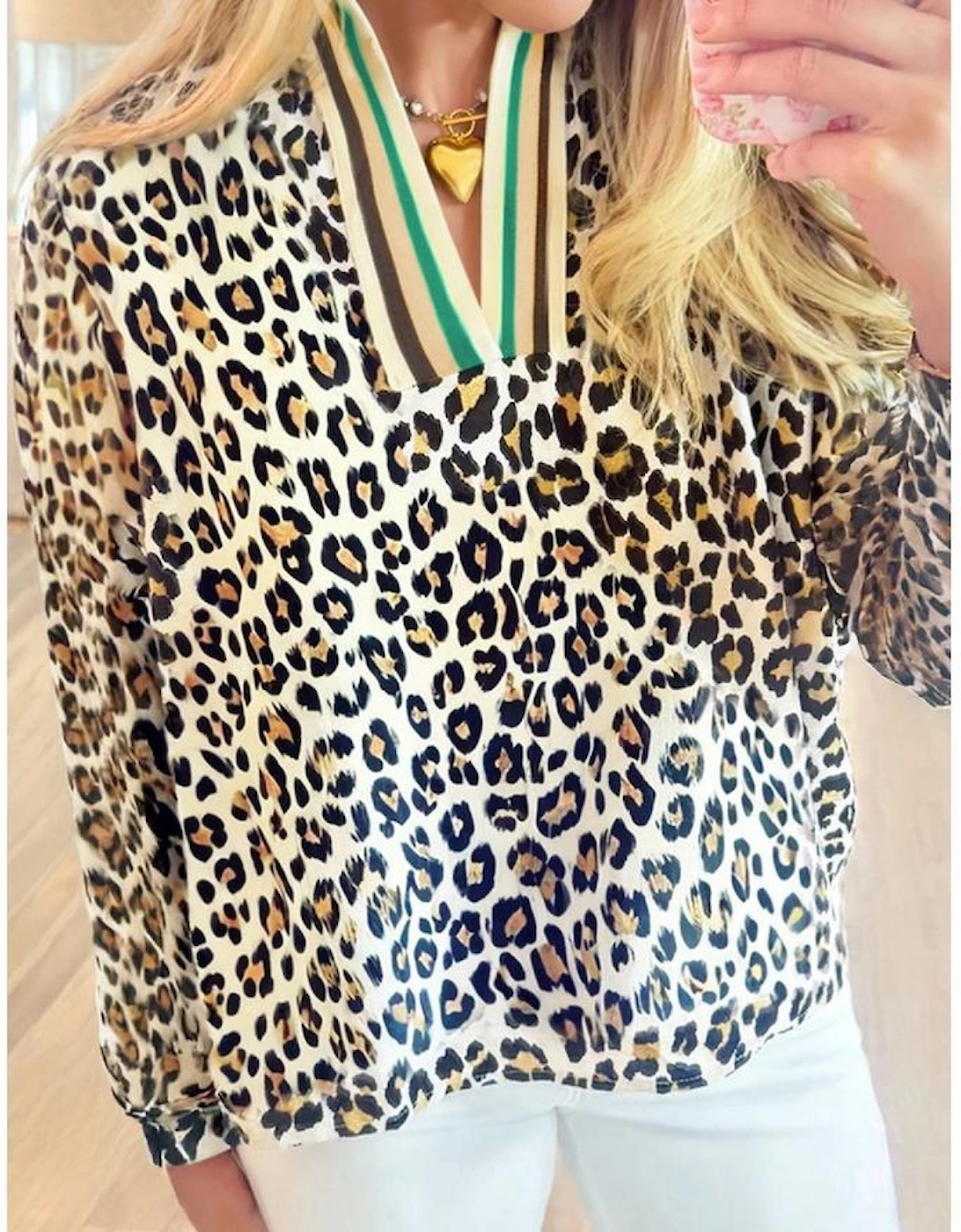 Khaki Leopard Print Contrast Striped V Neck Blouse
