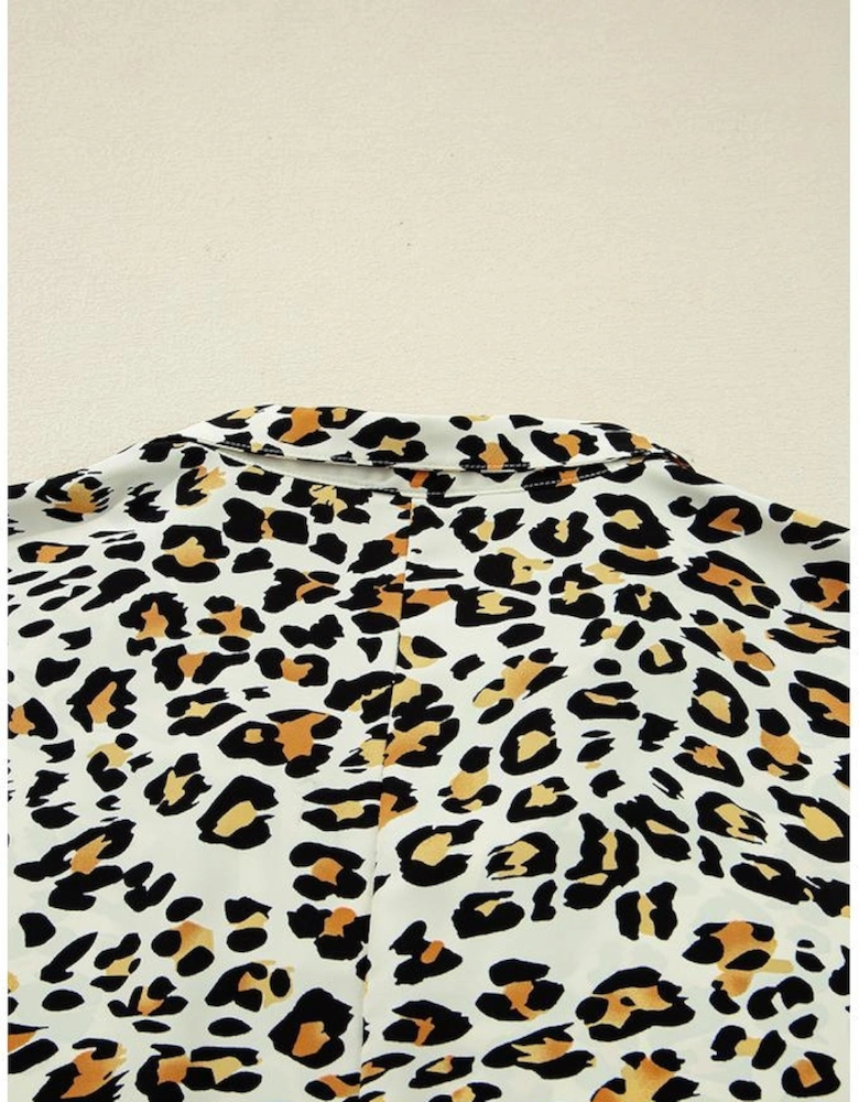 Khaki Leopard Print Contrast Striped V Neck Blouse