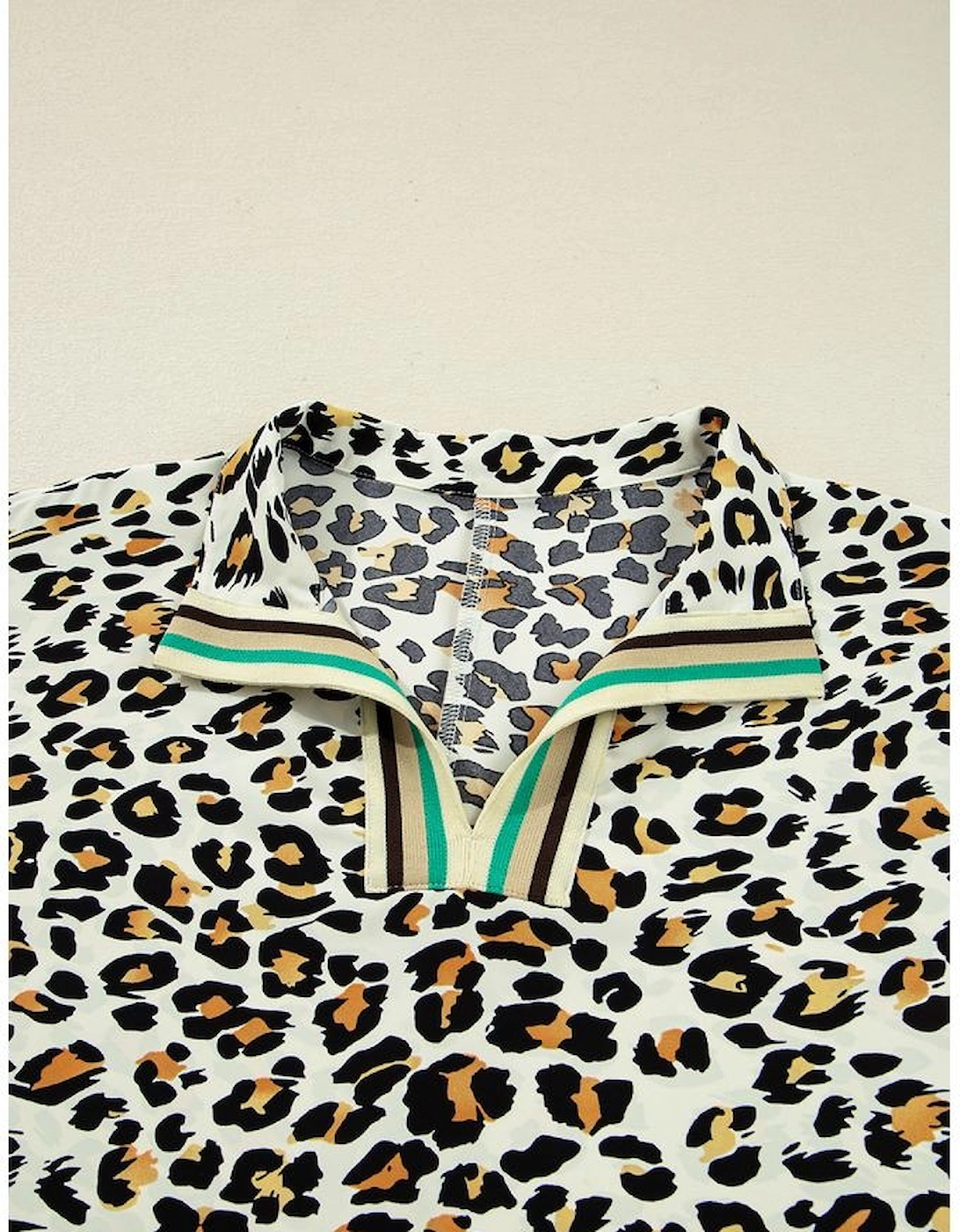 Khaki Leopard Print Contrast Striped V Neck Blouse