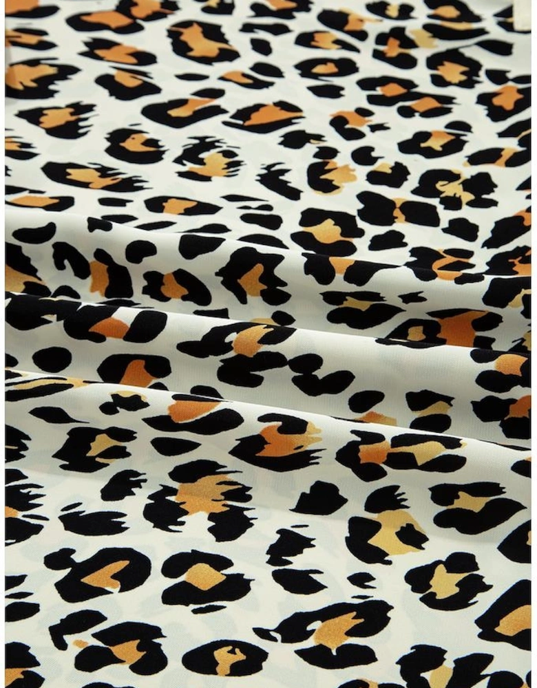 Khaki Leopard Print Contrast Striped V Neck Blouse