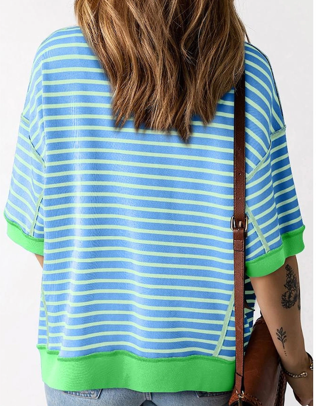 Sky Blue Stripe Oversized Contrast Trim Exposed Seam High Low T Shirt, 3 of 2