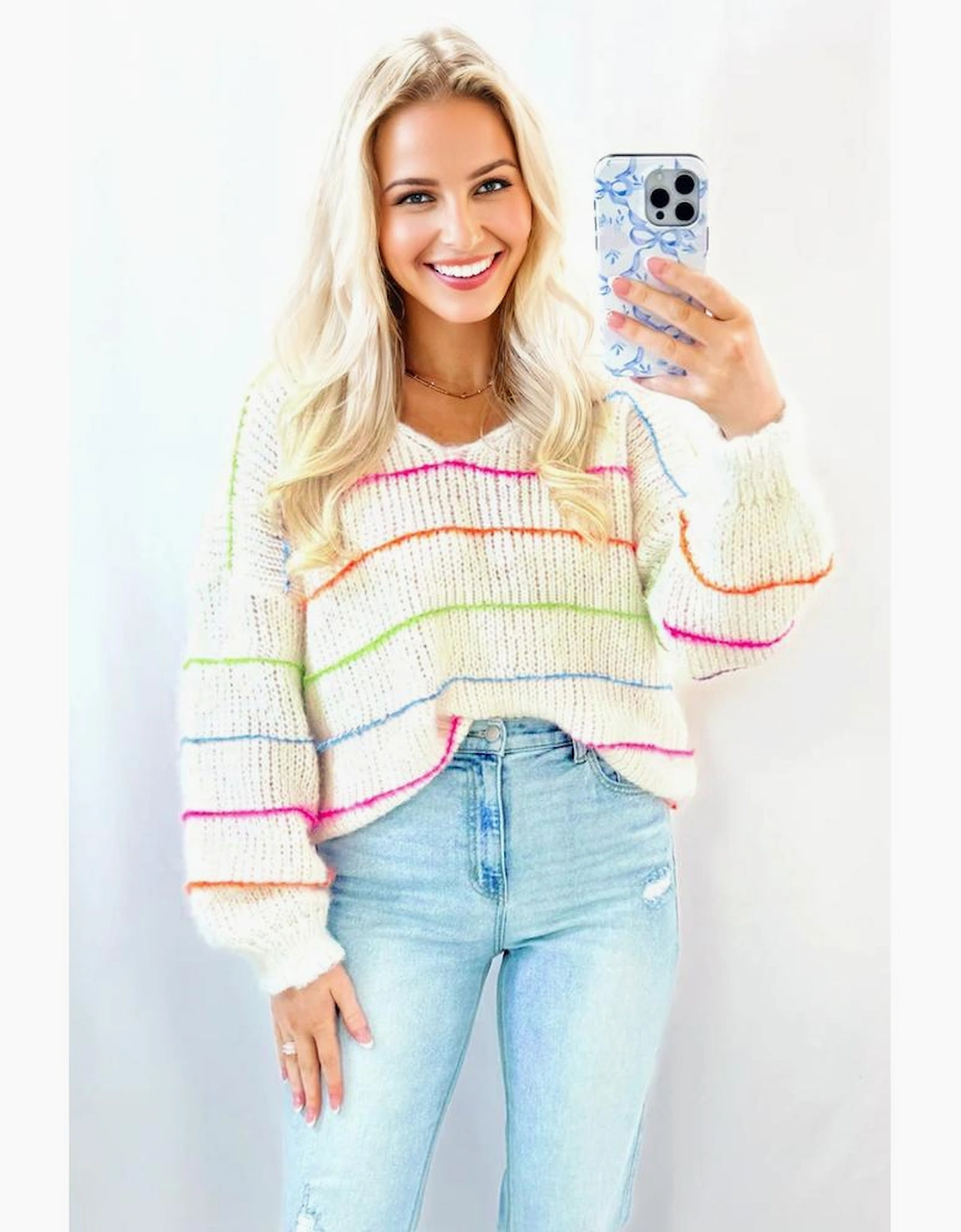 White Colorful Striped Detail V Neck Drop Shoulder Baggy Sweater, 3 of 2