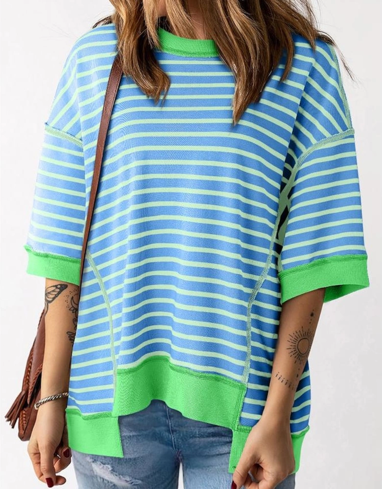 Sky Blue Stripe Oversized Contrast Trim Exposed Seam High Low T Shirt