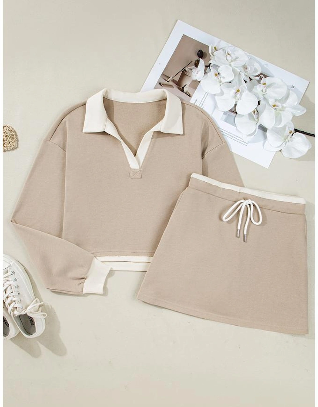 Parchment Raw Edge Detail Colorblock Patchwork Cropped Pullover Drawstring Skirt Set