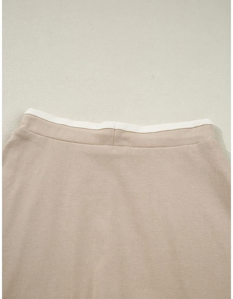 Parchment Raw Edge Detail Colorblock Patchwork Cropped Pullover Drawstring Skirt Set
