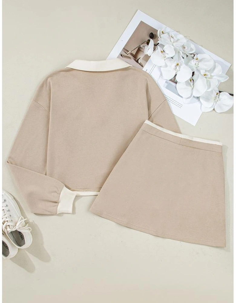 Parchment Raw Edge Detail Colorblock Patchwork Cropped Pullover Drawstring Skirt Set