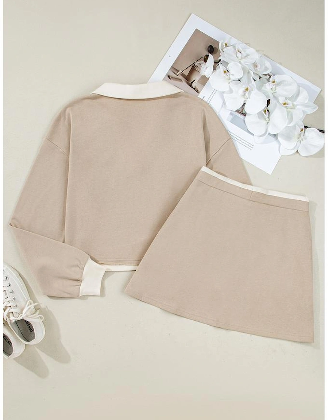 Parchment Raw Edge Detail Colorblock Patchwork Cropped Pullover Drawstring Skirt Set