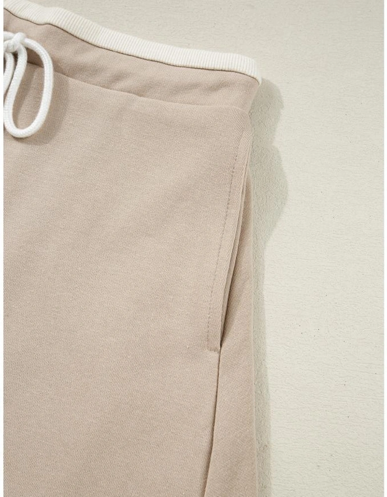 Parchment Raw Edge Detail Colorblock Patchwork Cropped Pullover Drawstring Skirt Set