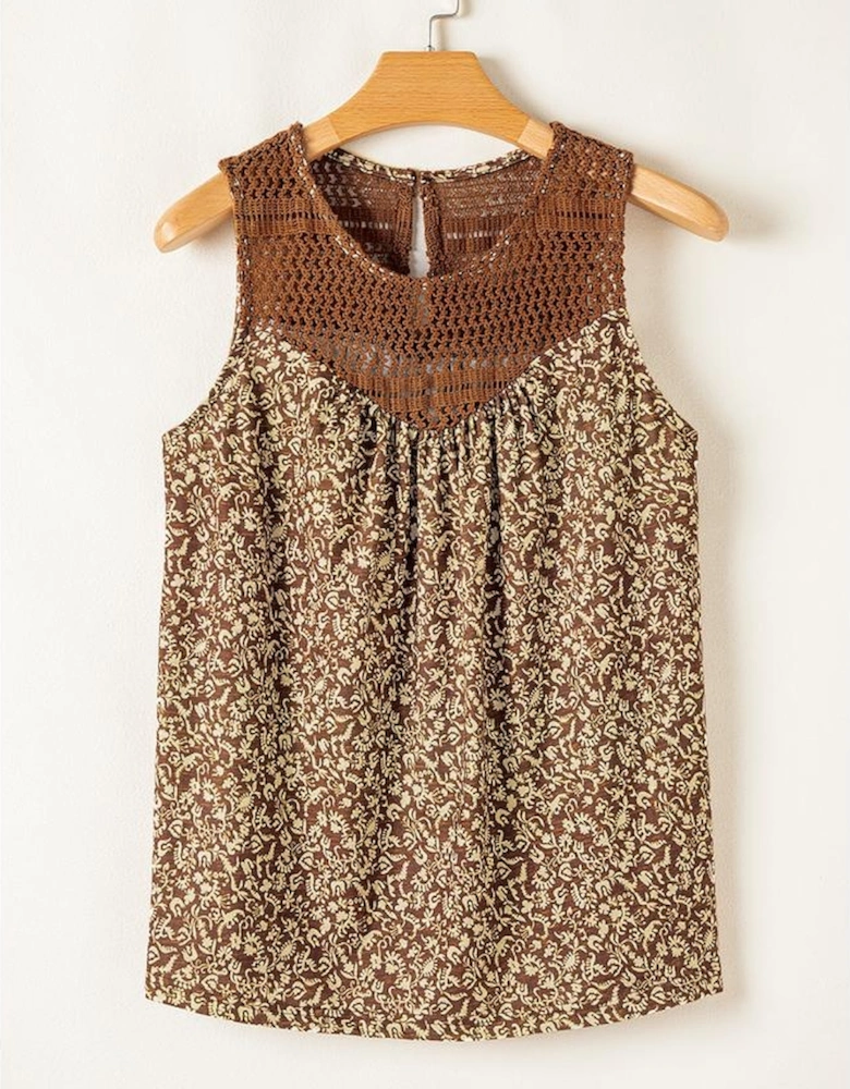 Brown Eyelet Knit Yoke Patchwork Printed Flowy Fit Tank Top