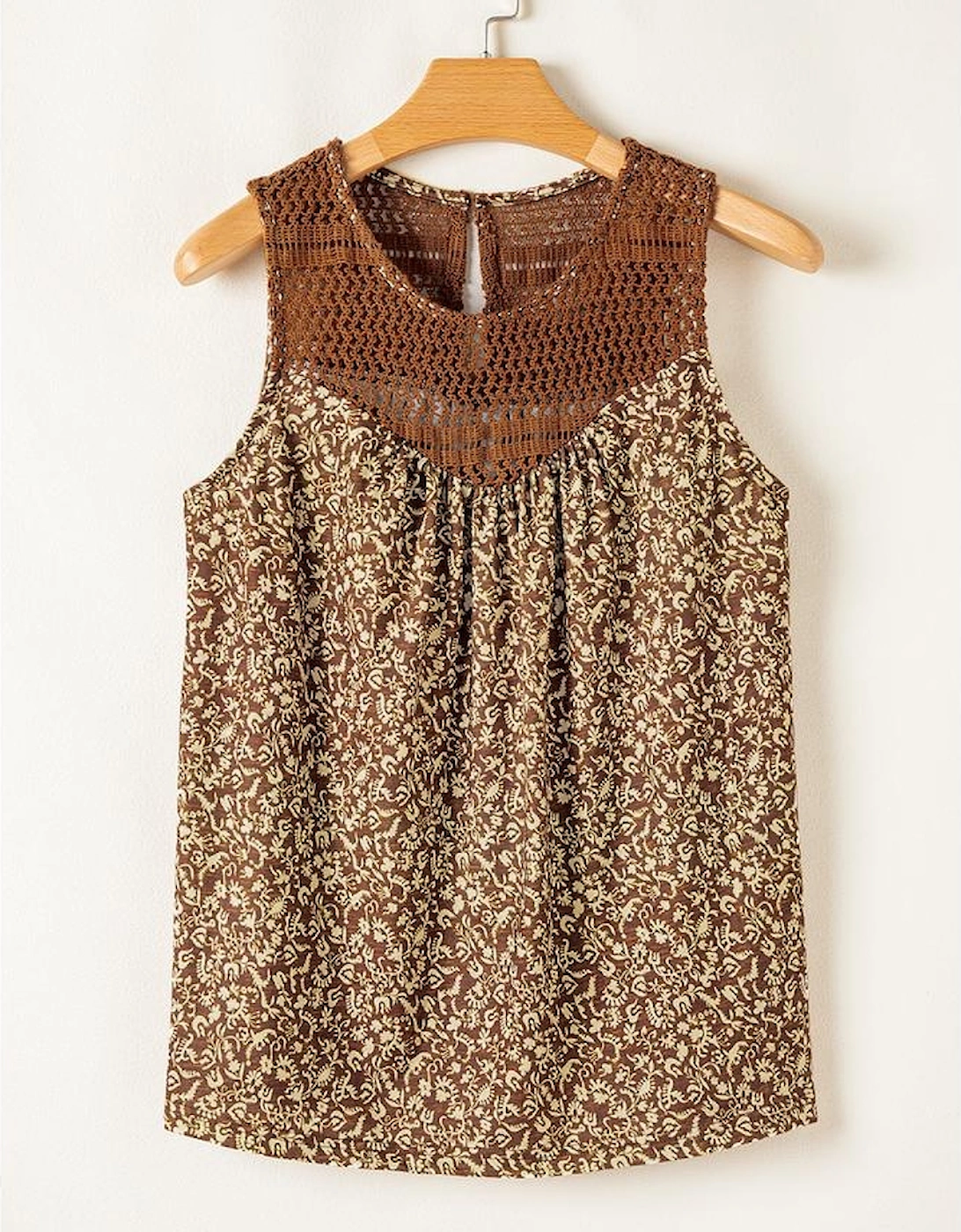 Brown Eyelet Knit Yoke Patchwork Printed Flowy Fit Tank Top