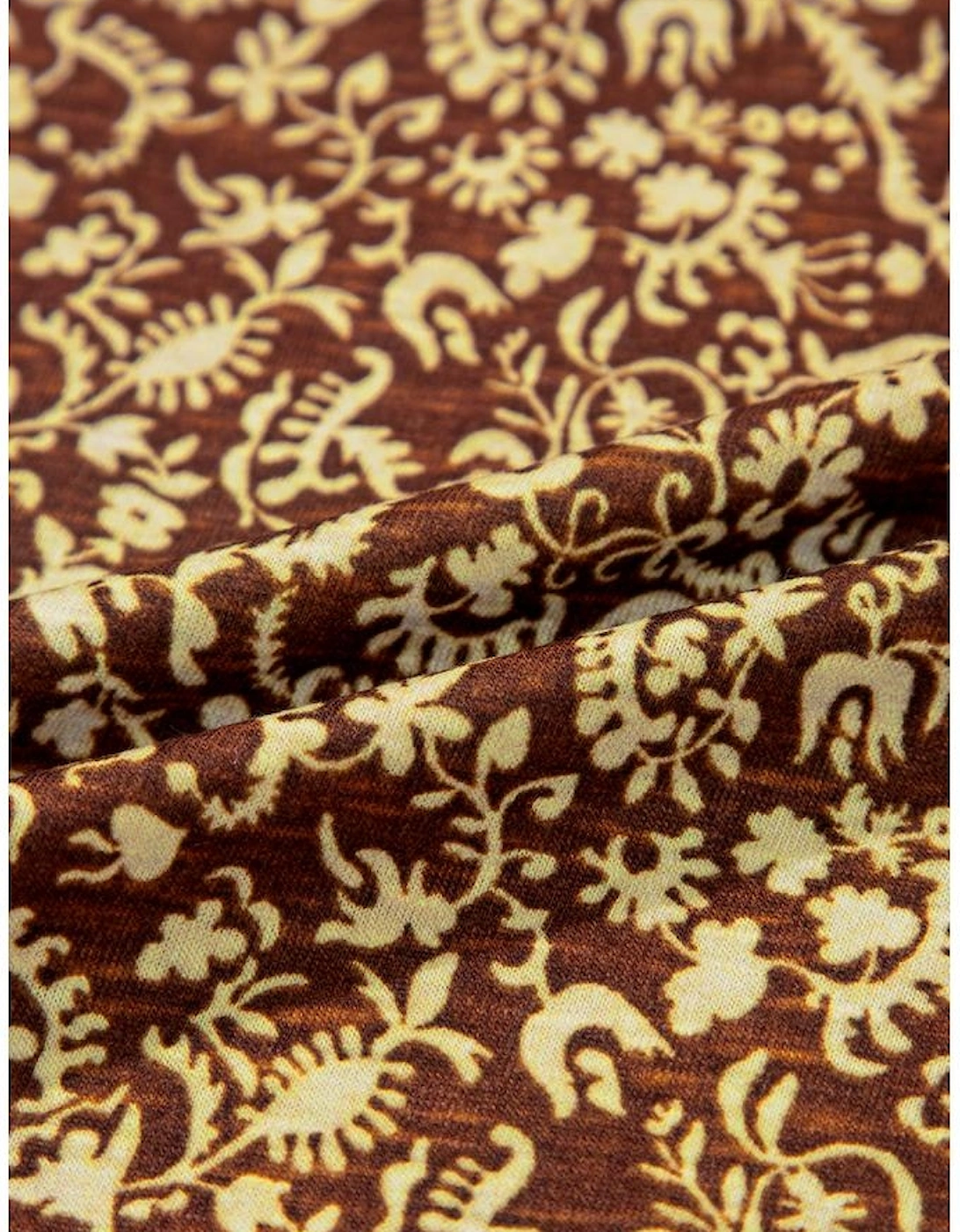 Brown Eyelet Knit Yoke Patchwork Printed Flowy Fit Tank Top