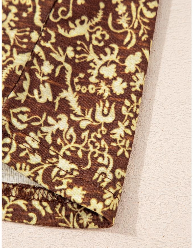 Brown Eyelet Knit Yoke Patchwork Printed Flowy Fit Tank Top