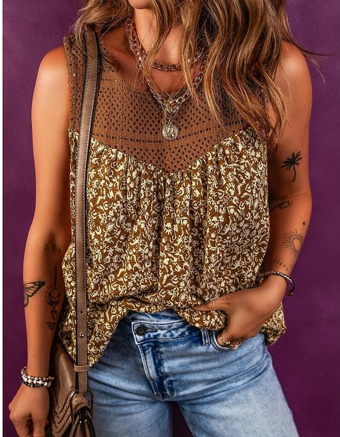 Brown Eyelet Knit Yoke Patchwork Printed Flowy Fit Tank Top