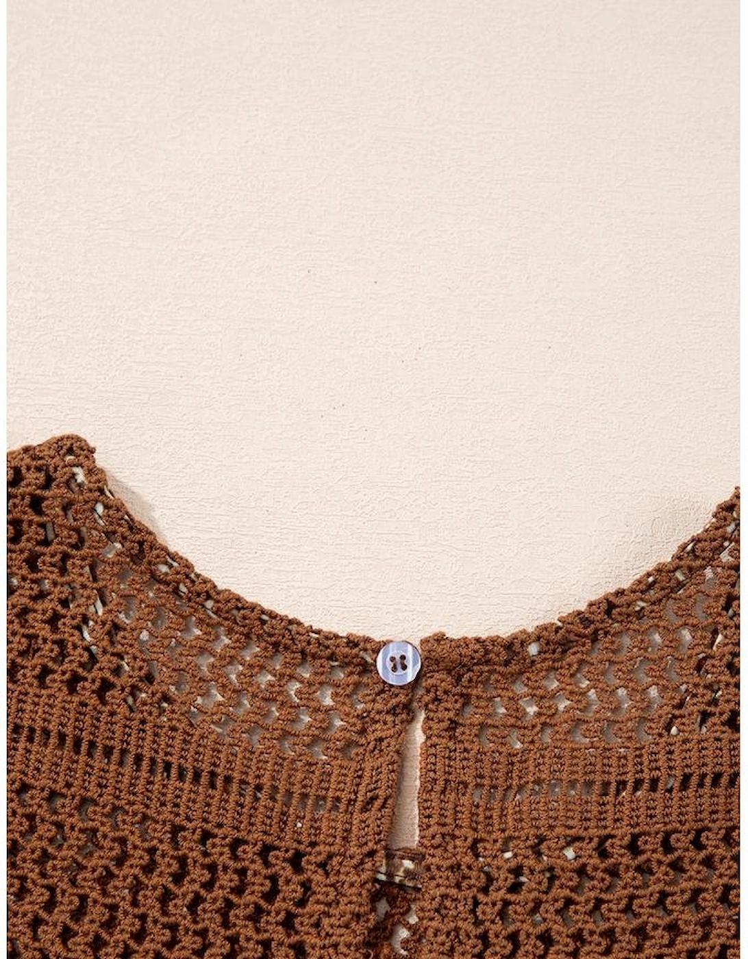 Brown Eyelet Knit Yoke Patchwork Printed Flowy Fit Tank Top