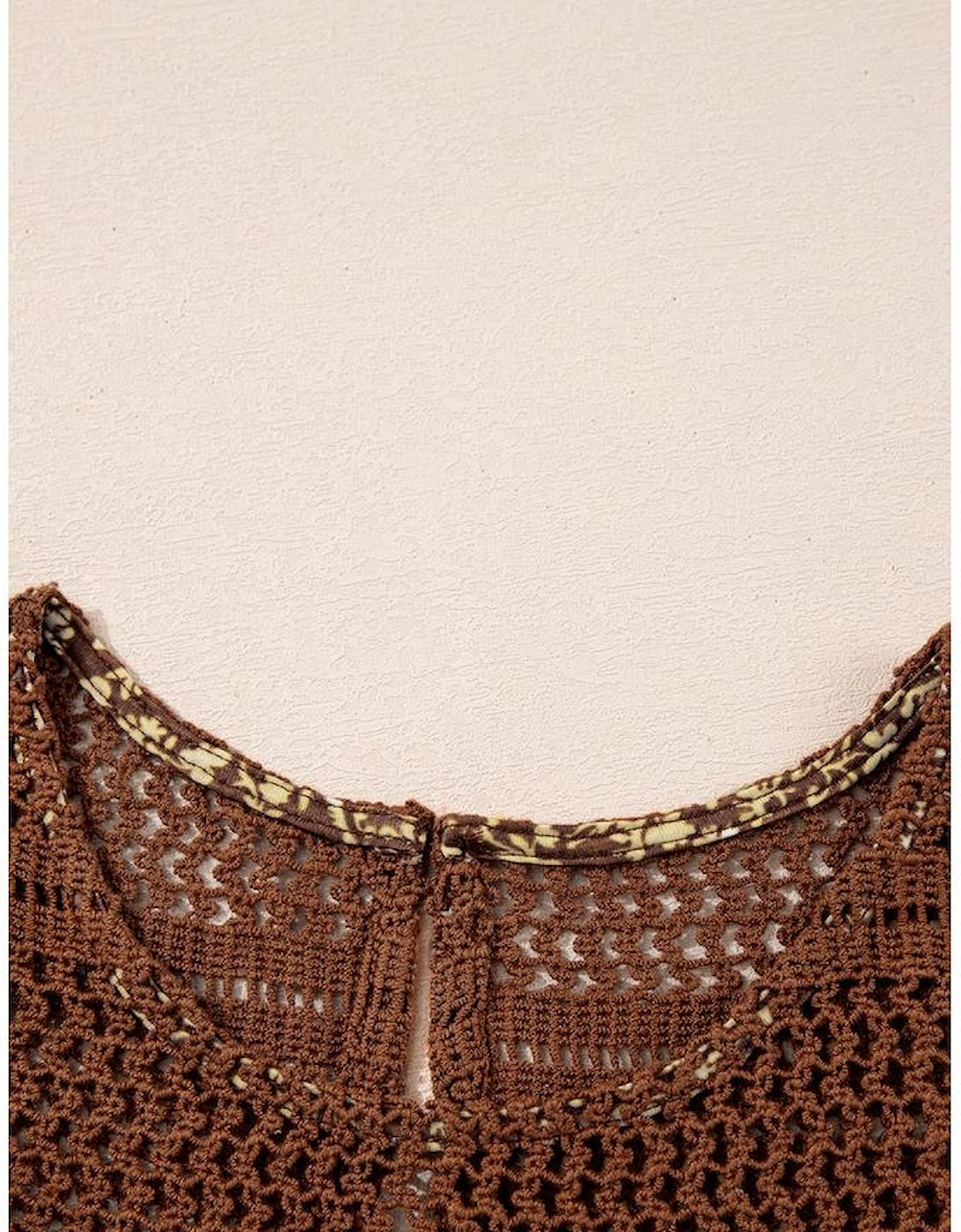 Brown Eyelet Knit Yoke Patchwork Printed Flowy Fit Tank Top