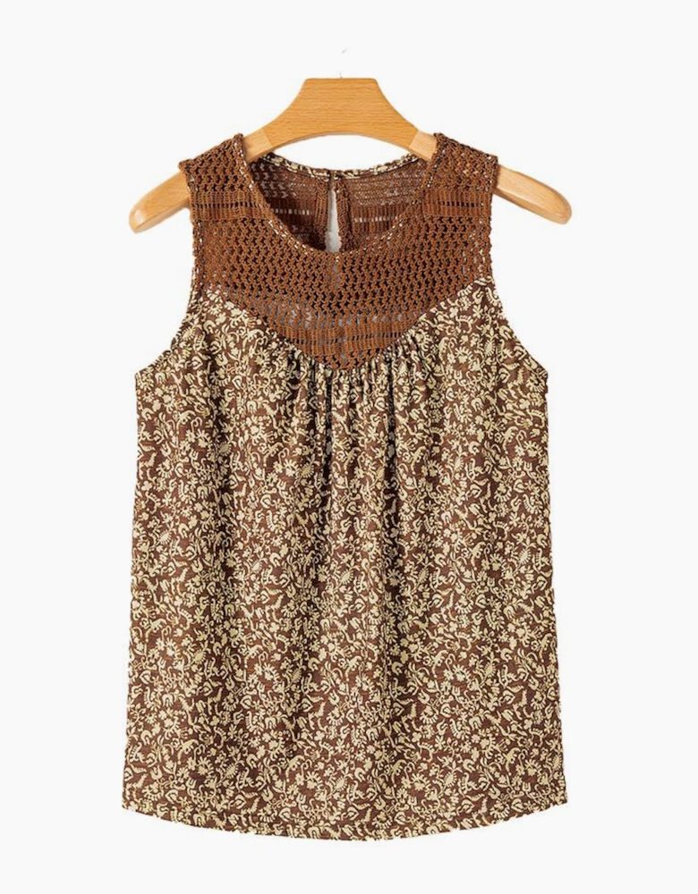 Brown Eyelet Knit Yoke Patchwork Printed Flowy Fit Tank Top