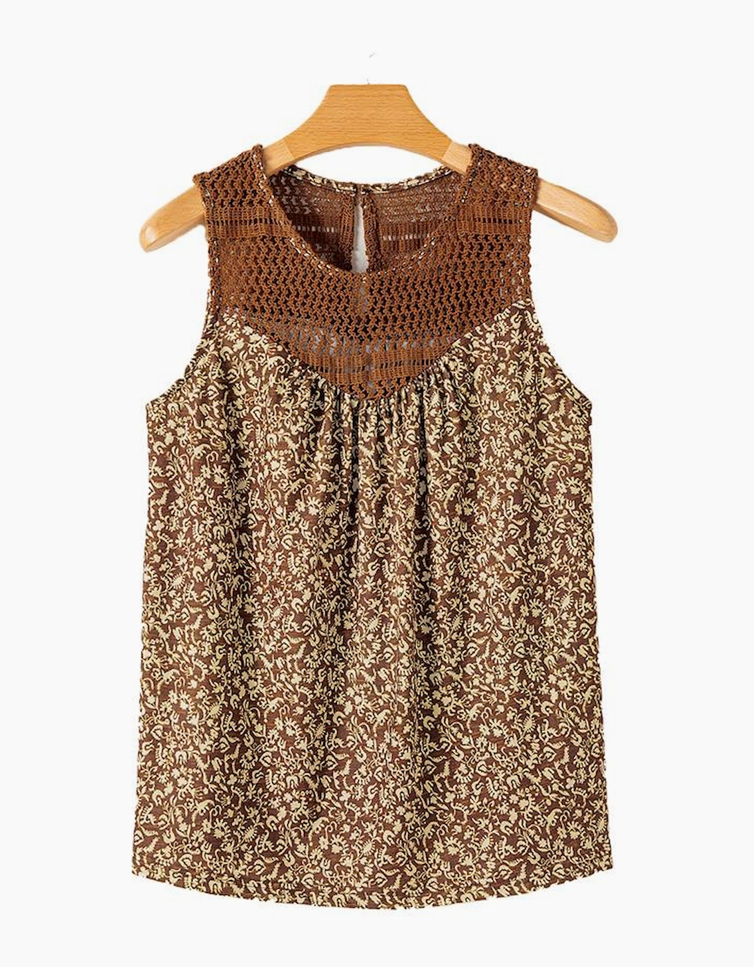 Brown Eyelet Knit Yoke Patchwork Printed Flowy Fit Tank Top