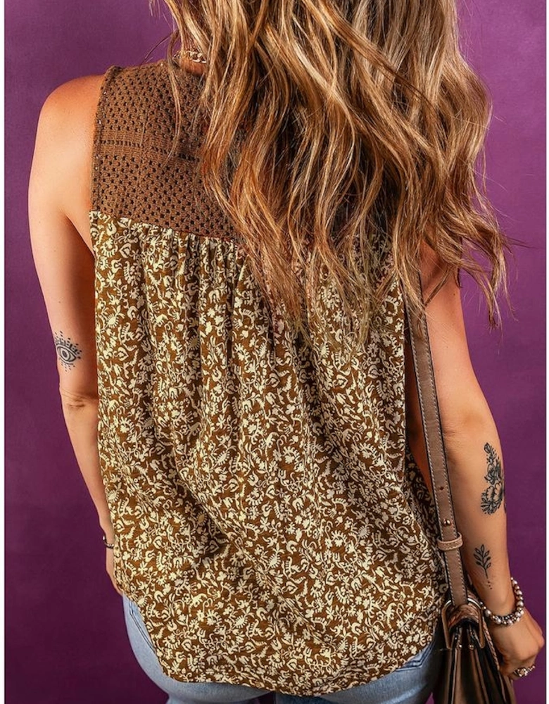 Brown Eyelet Knit Yoke Patchwork Printed Flowy Fit Tank Top