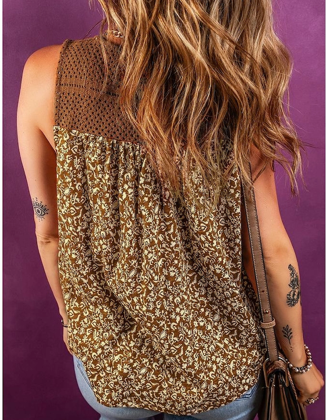 Brown Eyelet Knit Yoke Patchwork Printed Flowy Fit Tank Top, 14 of 13