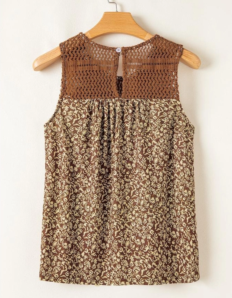 Brown Eyelet Knit Yoke Patchwork Printed Flowy Fit Tank Top