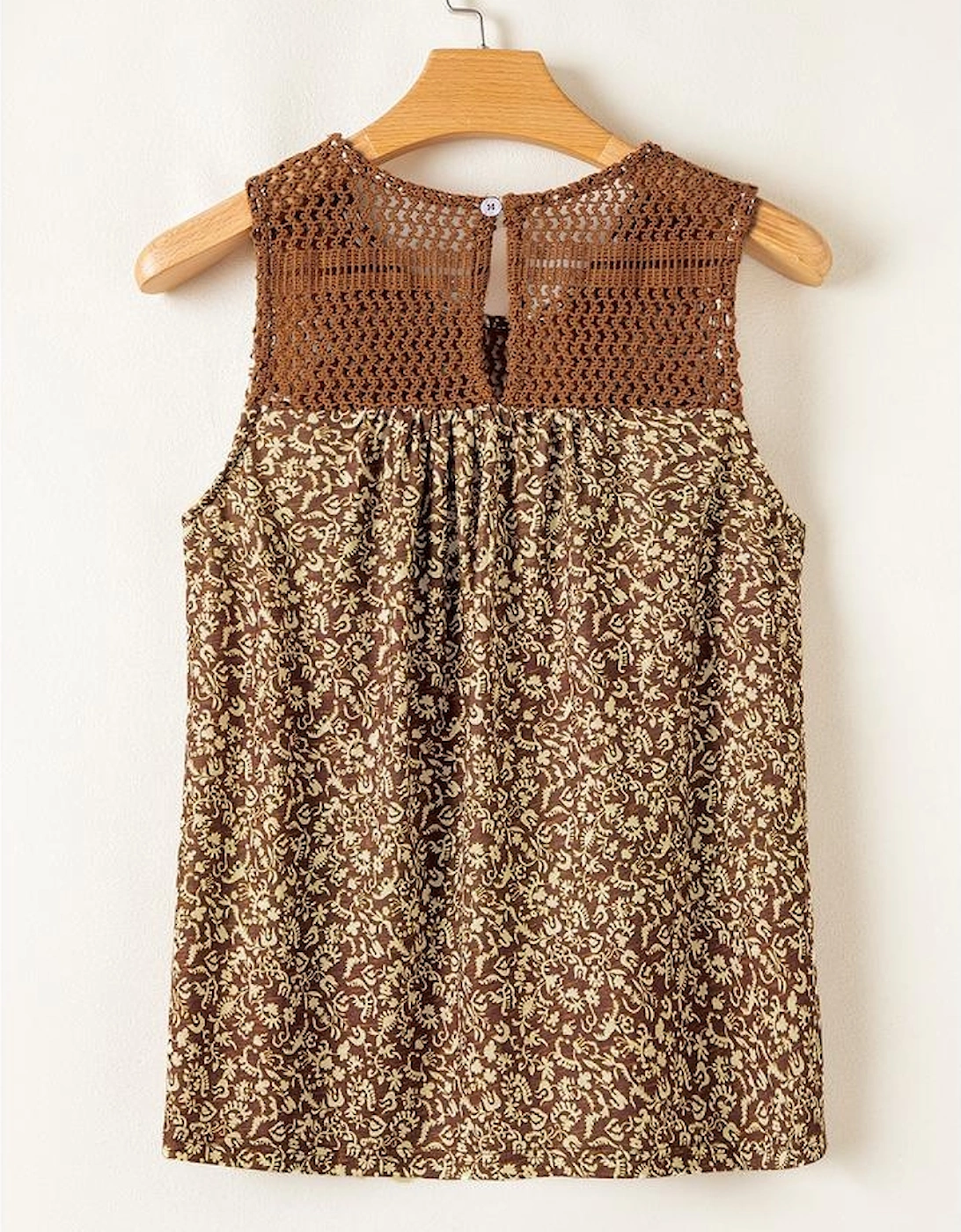 Brown Eyelet Knit Yoke Patchwork Printed Flowy Fit Tank Top