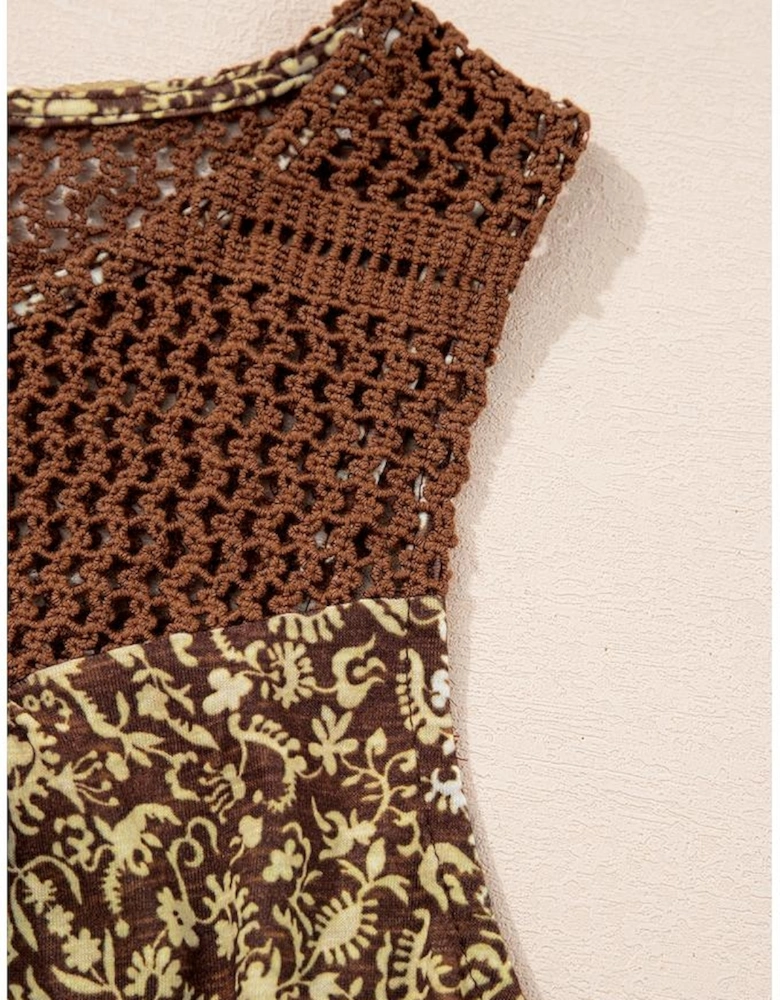 Brown Eyelet Knit Yoke Patchwork Printed Flowy Fit Tank Top