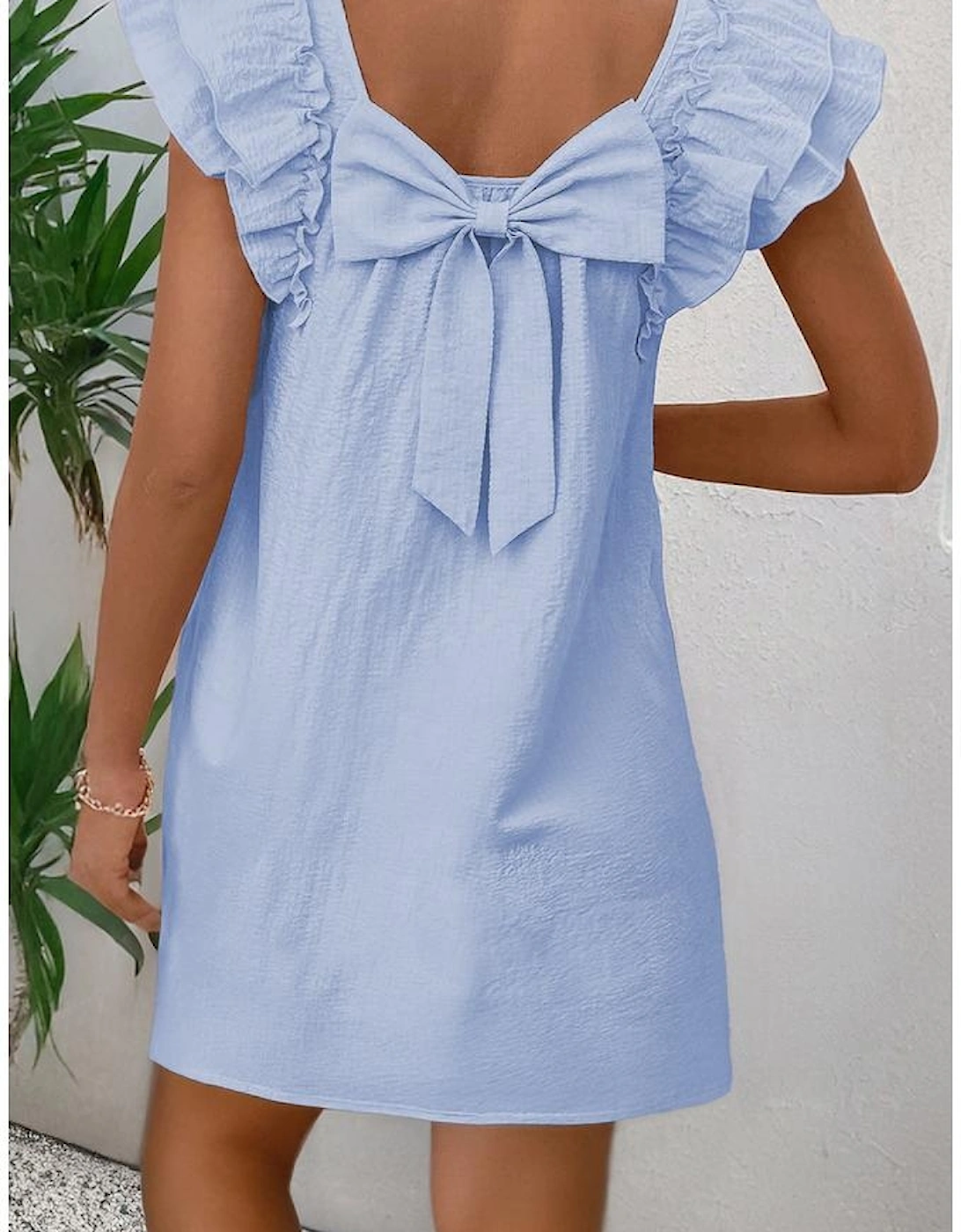 Beau Blue Textured Flutter Sleeve Square Neck Bow Back Mini Dress