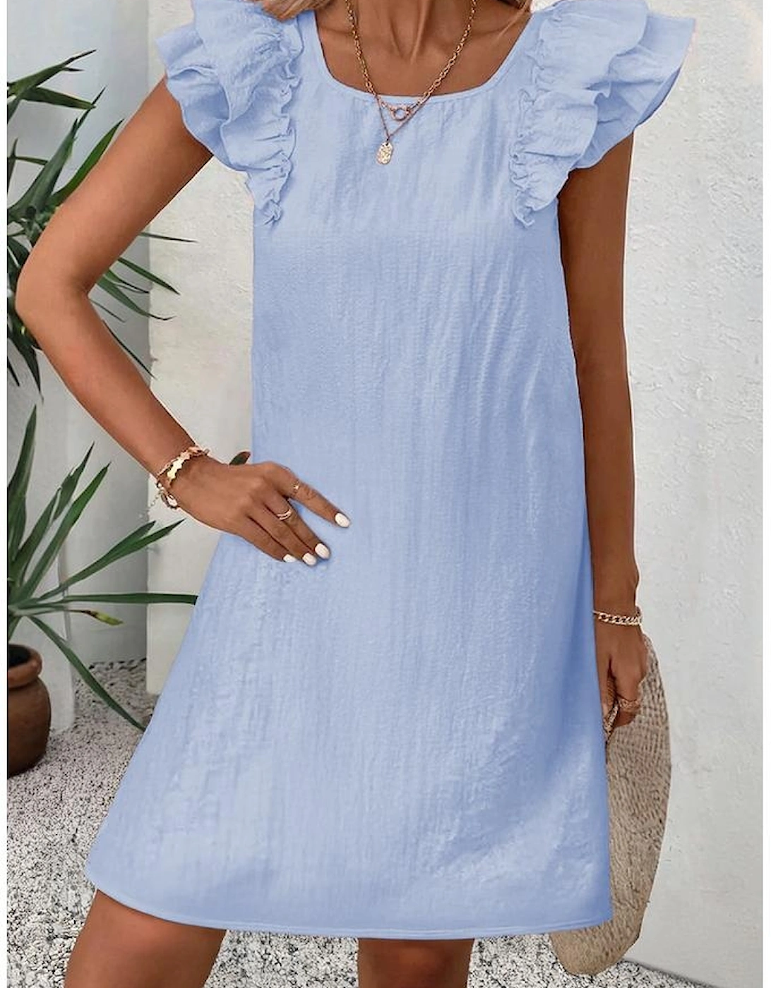 Beau Blue Textured Flutter Sleeve Square Neck Bow Back Mini Dress, 3 of 2