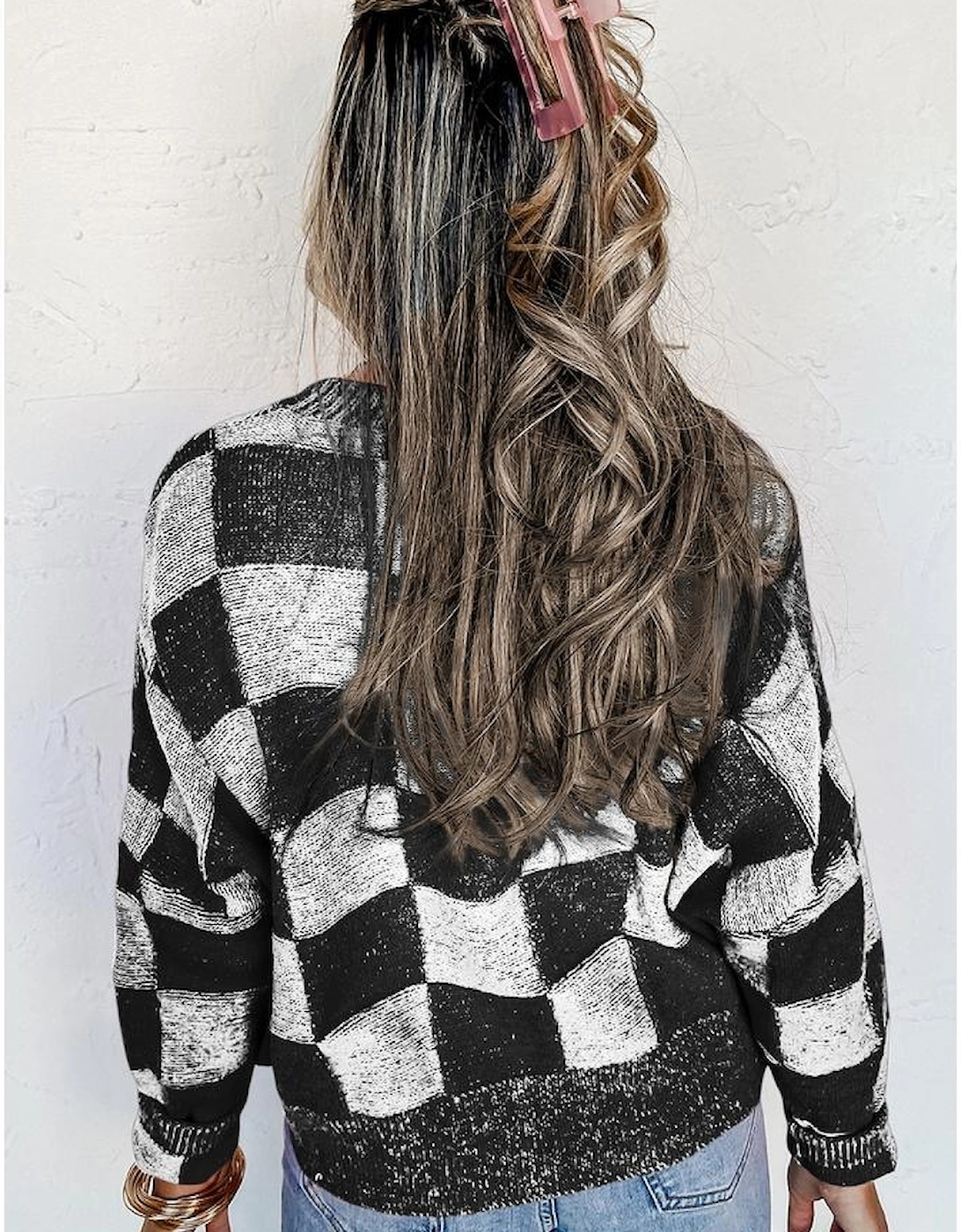 Black Checkered Drop Shoulder Buttoned V Neck Cardigan, 10 of 9