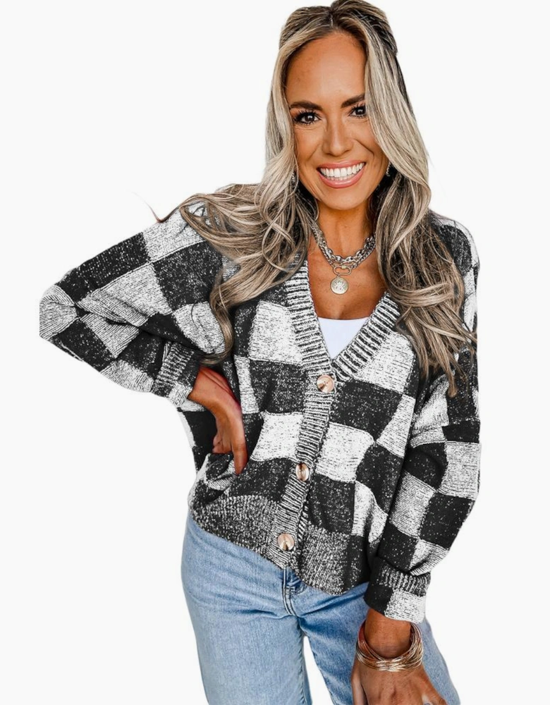 Black Checkered Drop Shoulder Buttoned V Neck Cardigan