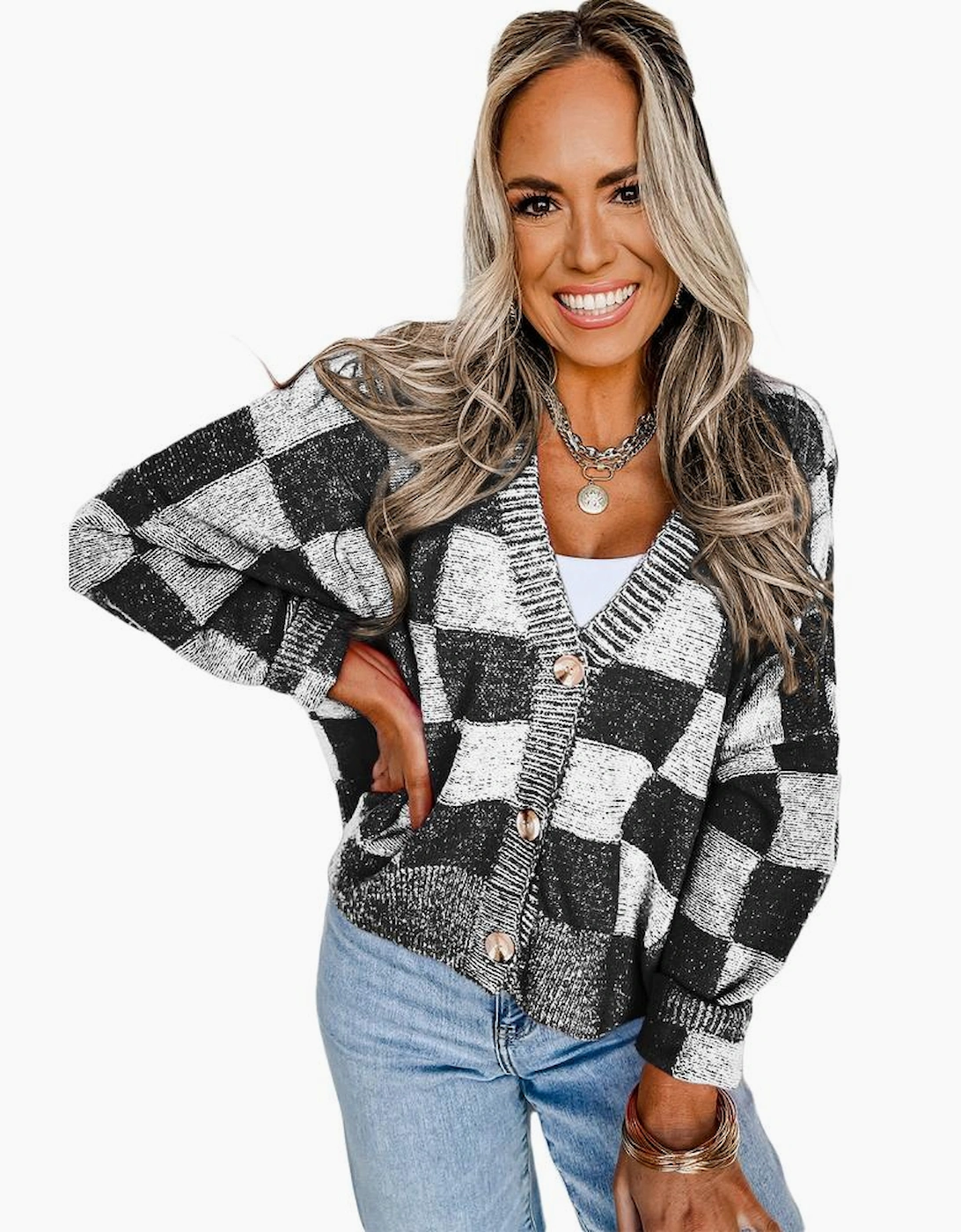 Black Checkered Drop Shoulder Buttoned V Neck Cardigan