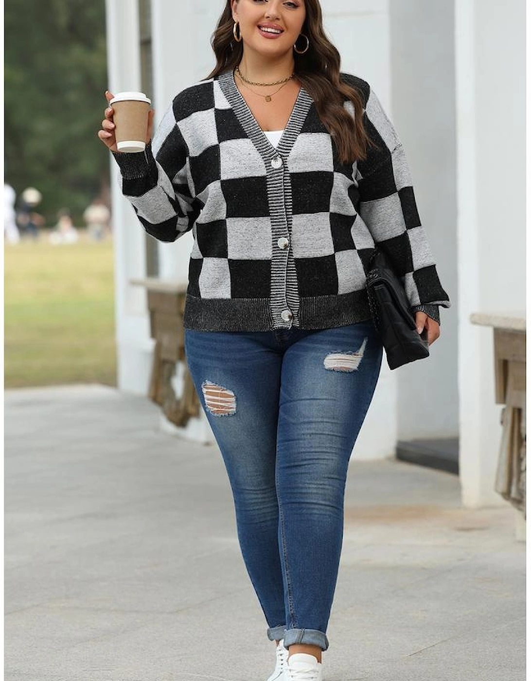 Black Checkered Drop Shoulder Buttoned V Neck Cardigan