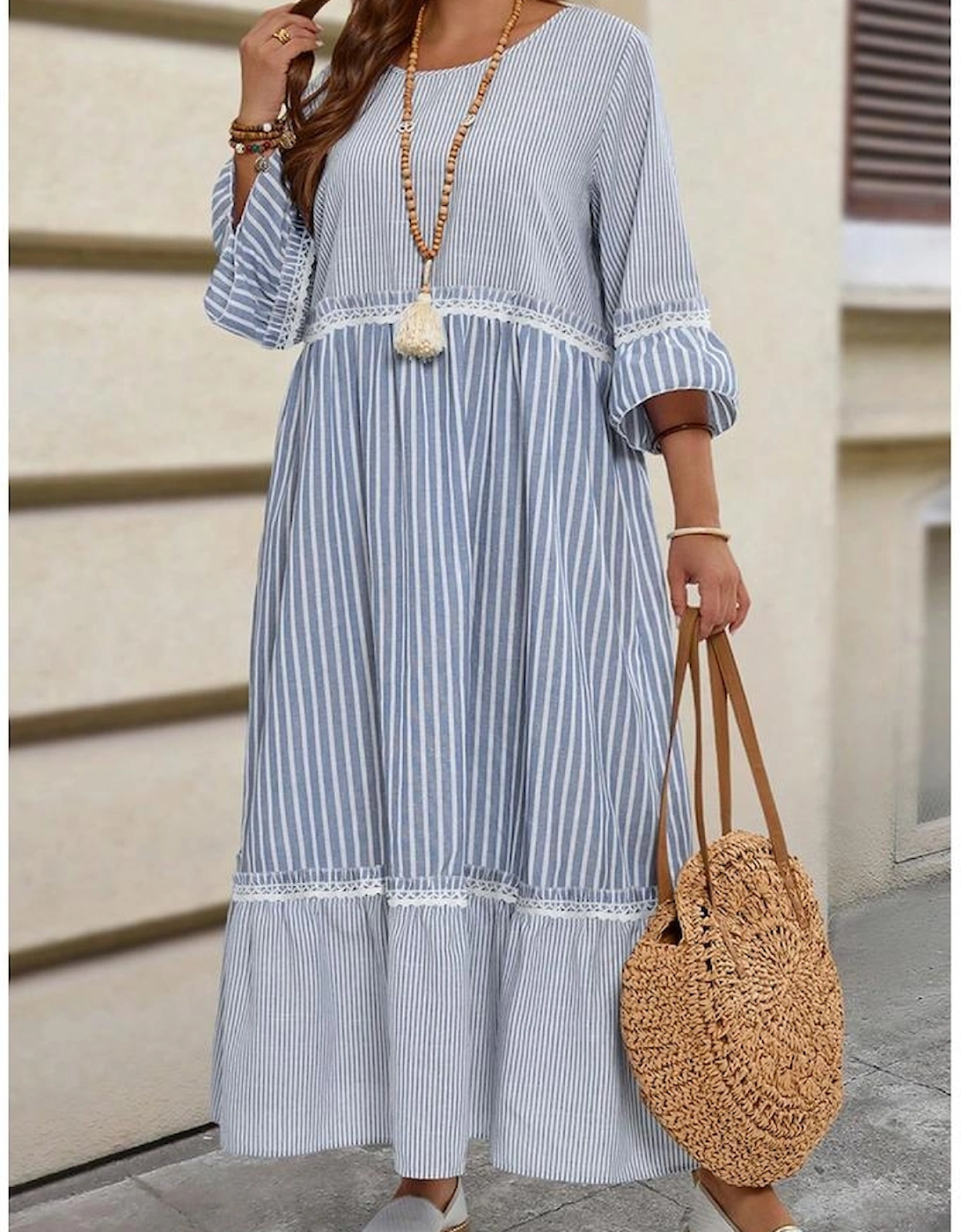 Sky Blue Stripe Crisscross Lace Detail Mixed Striped Patchwork Plus Size Shift Long Dress