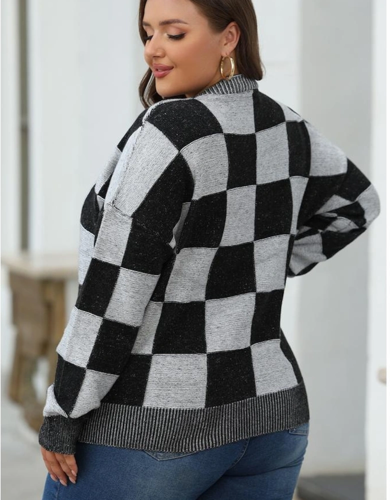 Black Checkered Drop Shoulder Buttoned V Neck Cardigan