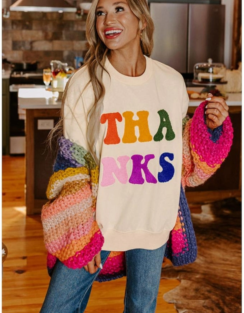 Apricot THANKS Chenille Embroidered Drop Shoulder Graphic Sweatshirt