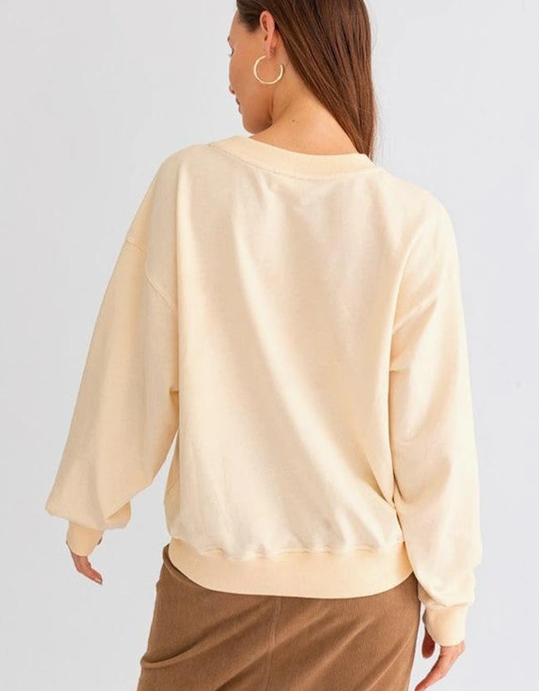 Apricot THANKS Chenille Embroidered Drop Shoulder Graphic Sweatshirt