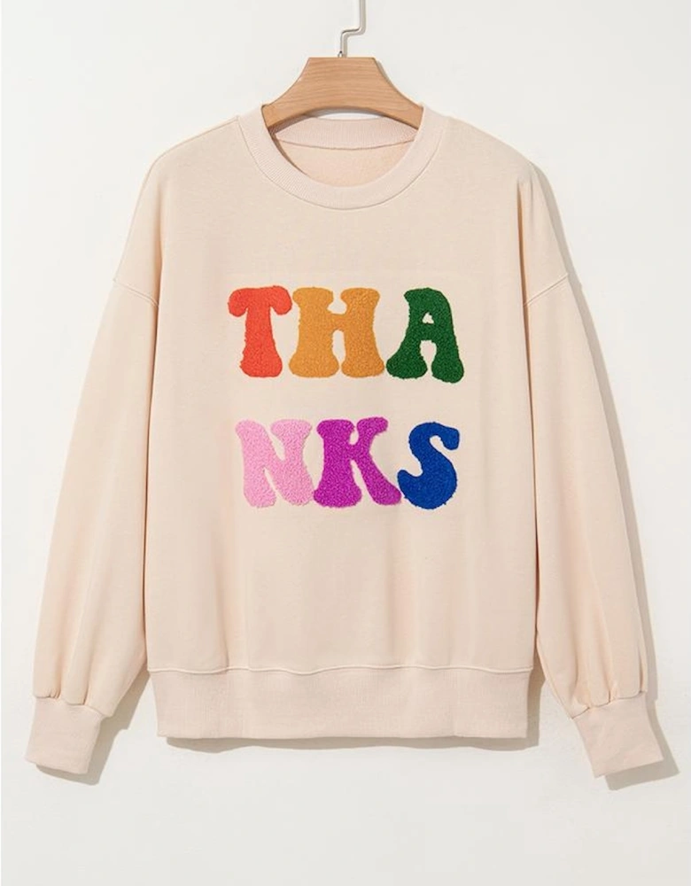 Apricot THANKS Chenille Embroidered Drop Shoulder Graphic Sweatshirt