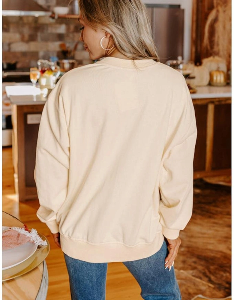 Apricot THANKS Chenille Embroidered Drop Shoulder Graphic Sweatshirt